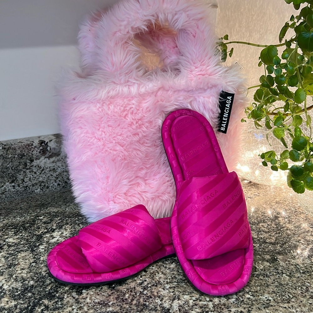Balenciaga Fuchsia Pink Jacquard Hotel Flat Slides
